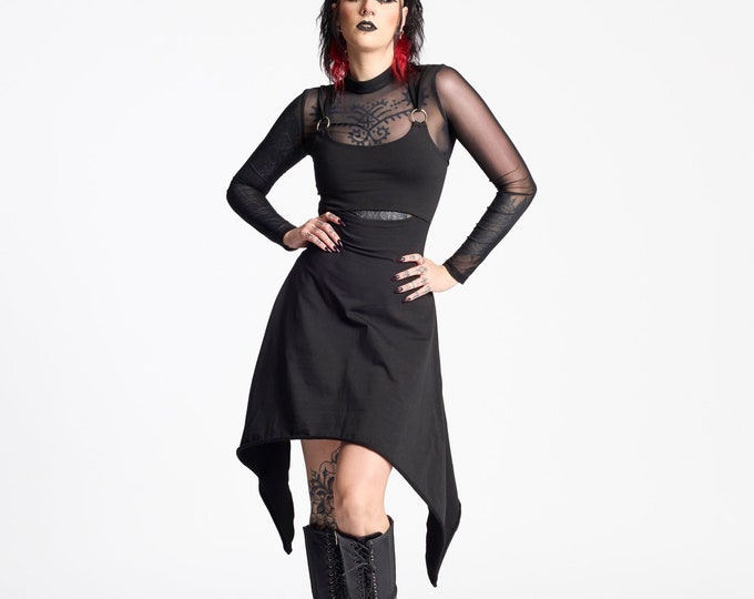 Goth faery witch tunic dress. Black pixie straps asymmetric dress. Festival dress. Festival clothing. Pixie tunic. Faery core. Elven dress