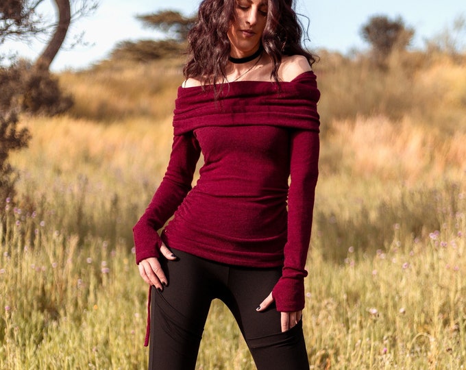 wine sweater top with long sleeves. Sweater dress. Hooded sweater top. Winter tunic dress. Hooded elven top. Pixie clothes, Bohemian sweater
