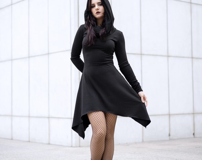 Black thermal cowl hooded gothic cotton tunic dress. Autumn Winter Pixie Long sleeve cowl neck dress. Fairy dress. Elven hooded dress