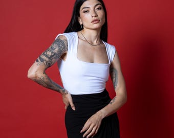 Kaori white backless top - Square neck Organic cotton - Sleeveless backless summer blouse