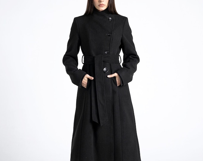Tailored Cross Front Long Coat – Classic Fitted Winter Coat, Elegant Gothic Outerwear, romantic goth coat. Vegan clothes