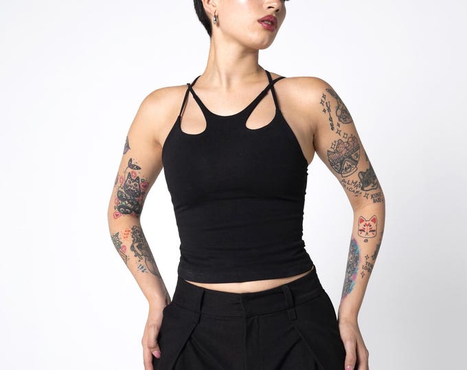 Mia Black organic cotton cropped strappy tank top – Elegant minimalist cocktail top.  Yoga top. Festival top. Sustainable clothing