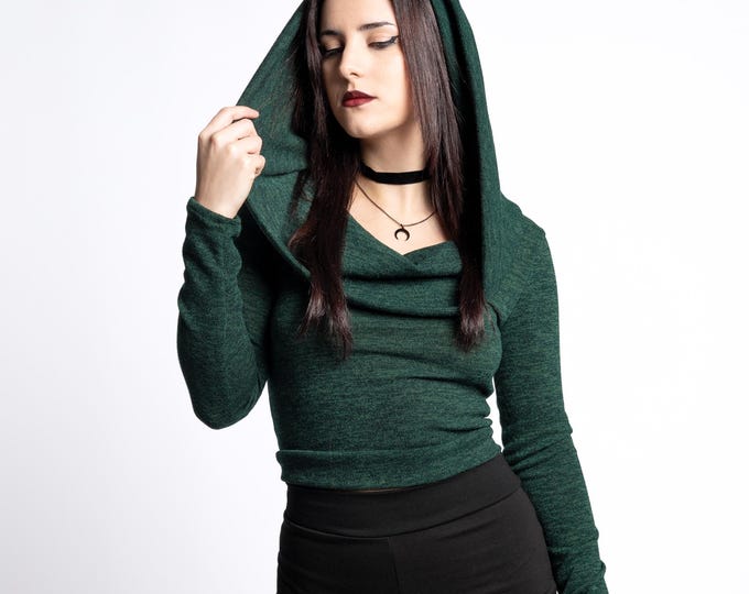 Hooded long sleeve elven top. Pixie hooded top. Faery cowl neck top. Yoga hooded top. Pixie clothing. Festival hooded crop top. Fire dance