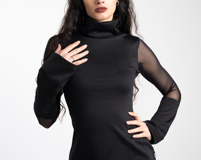 Black turtle neck sheer top. Minimalistic blouse. Cocktail sleeve top