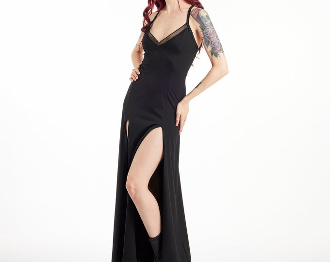 Black organic cotton Dance Performance Princess Cut Dress with Front Slits. Bohemian Maxi Dress. Goth long dress. Festival Gothic Maxi Dress