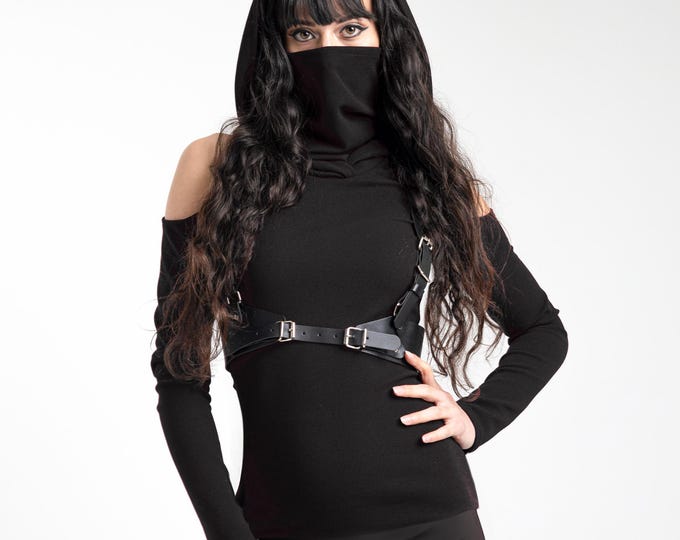 Hooded long sleeve sweater with face mask. Gothic festival hooded top. Hooded turtleneck pullover.