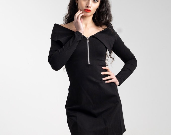 Off the shoulder long sleeve dress with from zip. Black elegant bardot dress. Goth clothing.