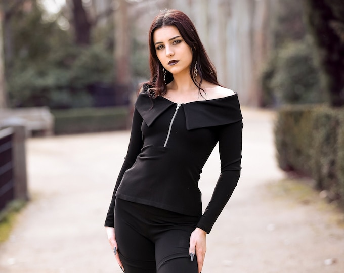 Sailor collar gothic blouse. Victorian off shoulder top. Wednesday collar long sleeve top. Goth cocktail top. Boho black top. Fairy top