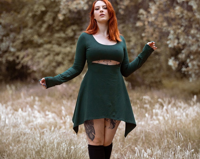 Ren fae medieval green sleeve tunic dress. Fairy dress. Fae clothes. Bohemian tunic dress. Elven green dress. Pixie dress. Fantasy dress