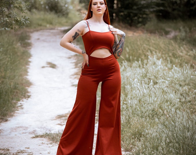 Bohemian Rust Orange wide leg jumpsuit. 70,s Romper. Boho Summer overall. Festival jumpsuit. Palazzo jumpsuit. Festival clothing.