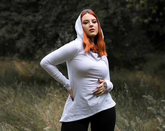 Elven white hooded sleeve organic cotton top. Pixie cowl hooded top. Pixie clothing. Fairy sweater. Medieval top. Festival hooded sweater