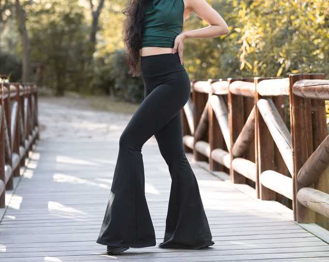 Black Flare Festival Bottoms With Pockets. Boho Flare Pants. Bell