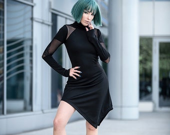Black asymmetric dress. Minimalist dress. Long sleeve turtle neck dress. Extravagant dress, cyberpunk dress. Futuristic. Goth dress. Punk