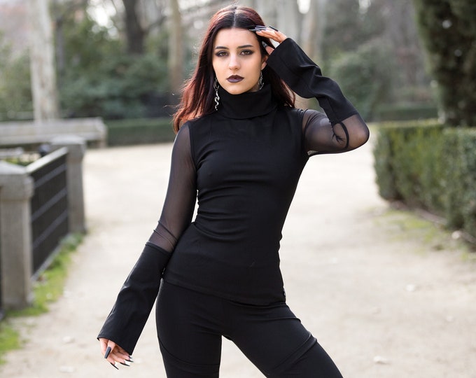 Mesh sleeve turtle neck top. Formal futuristic winter top. Gothic sweater. Goth top. Cocktail blouse. Goth clothing. Futuristic clothing