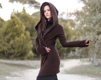 Brown hooded coat. Long wrap winter coat. Medieval fleece hooded jacket. Pixie coat. Hoodie jacket. Winter fleece jacket. Gothic jacket.