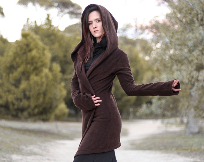 SALE ONLY BROWN hooded coat. Long wrap winter coat. Medieval fleece hooded jacket. Pixie coat. Hoodie jacket. Winter fleece jacket..