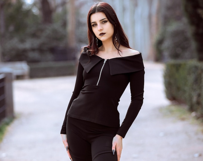 Bardot long sleeve winter blouse. Gothic Off shoulder cocktail top. Fold over collar long sleeve top. Gothic top. Boho black top. Fairy top