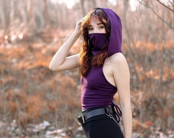 Purple Face mask hooded crop top. Ninja hooded top. Pixie dust mask hooded top. Rave clothing. Tie Backless hooded top. Festival clothing