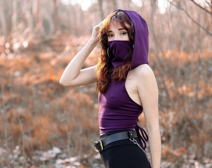 Purple Face mask hooded crop top. Ninja hooded top. Pixie dust mask hooded top. Rave clothing. Tie Backless hooded top. Festival clothing