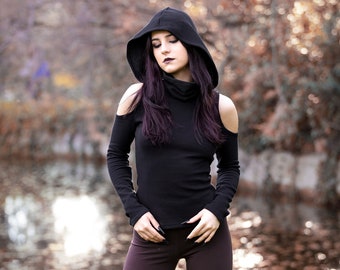 Black festival long sleeve top with dust mask. Hooded elven sweater. Pixie Hooded sweatshirt. Autumn winter pullover. Boho pixie clothing