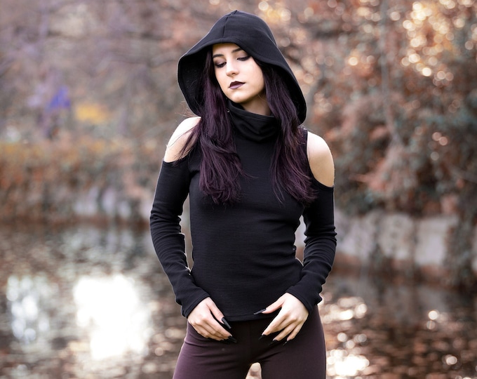 Black festival long sleeve top with dust mask. Hooded elven sweater. Pixie Hooded sweatshirt. Pixie sweater. Elven sweater. pixie clothing