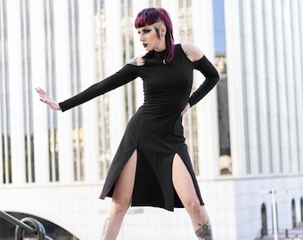 Gothic black winter dress. Pixie dress. Long sleeve split dress. Witch dress. Goth clothes. Steampunk dress. Goth dress. Halloween costume