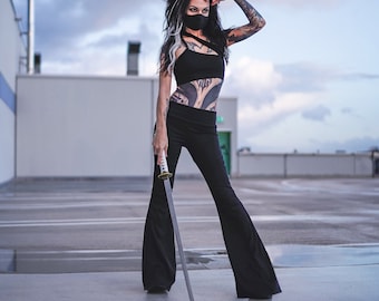 Bell Bottoms High Waist Flares with pockets, Festival Clothing, yoga pants, steampunk flare pants, gothic pants, futuristic flare pants,