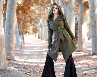 Winter Fleece hooded coat. Long wrap winter coat. Green fleece hooded cloak. Pixie coat. Fairy cloak. Winter fleece jacket. Gothic jacket.