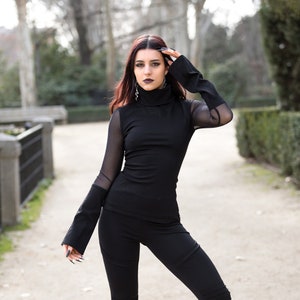 Mesh sleeve turtle neck top. Formal futuristic winter top. Gothic sweater. Goth top. Cocktail blouse. Goth clothing. Futuristic clothing