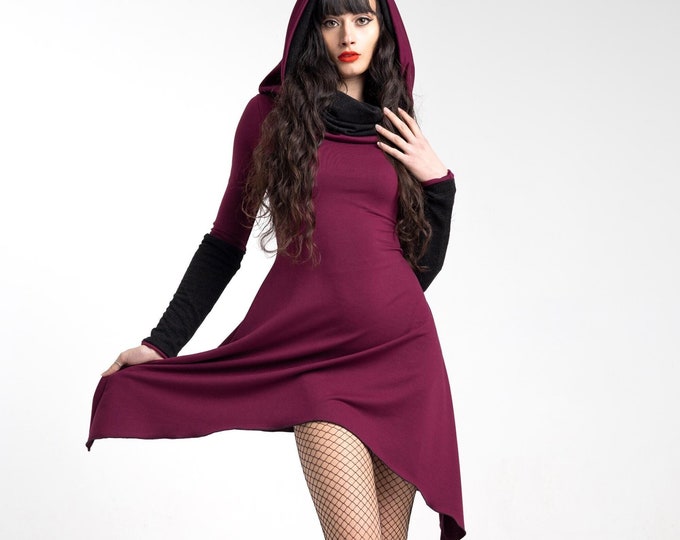 Wine pixie cowl hooded tunic dress. Pixie Winter Long sleeve cowl neck dress. Fairy dress. Elven hooded dress. Elven clothes. Goth dress.