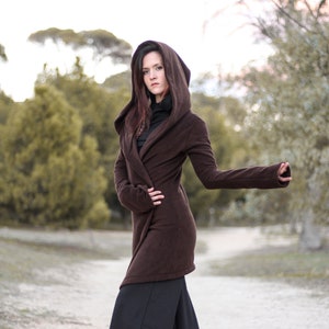 Brown hooded coat. Long wrap winter coat. Medieval fleece hooded jacket. Pixie coat. Hoodie jacket. Winter fleece jacket. Gothic jacket. image 1