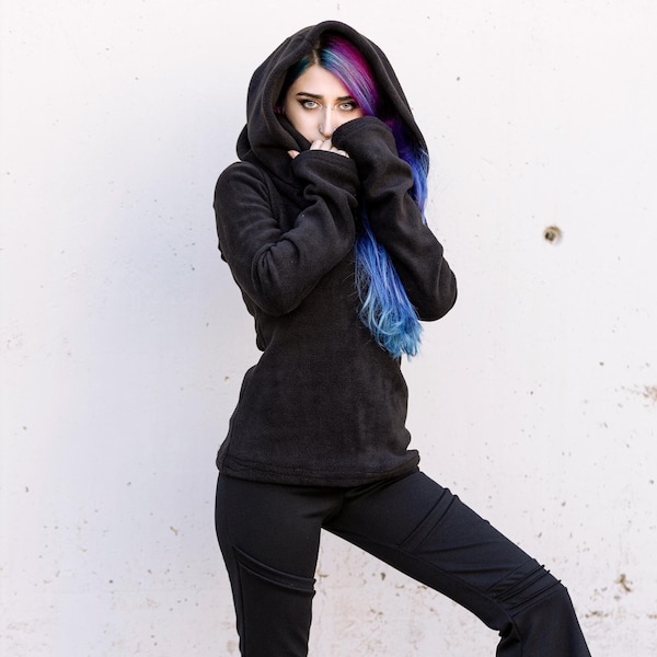 Black sweatshirt fleece top. Autumn Winter hooded top. Cowl neck polar sweater. Pixie hooded winter top. Hooded elven top.