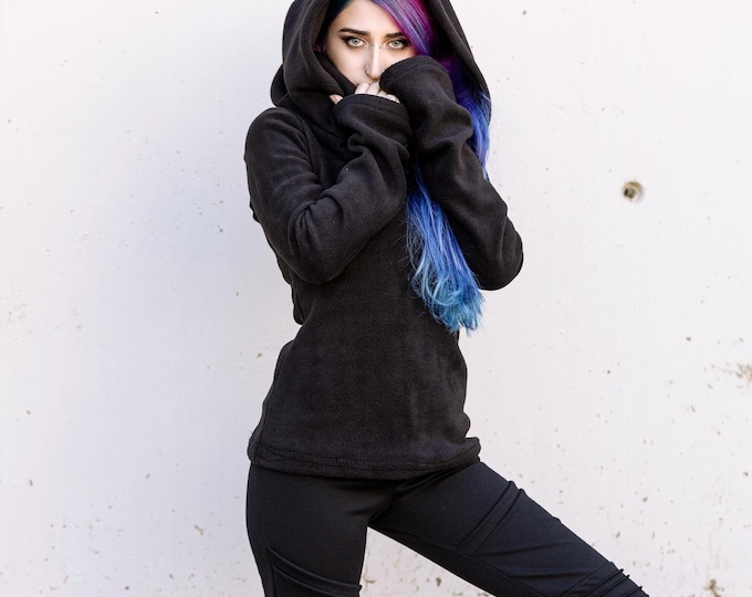 Black sweatshirt fleece top. Winter hooded top. Cowl polar sweater. Pixie hooded winter top. Red hooded elven top. Hoodie polar pixie top.