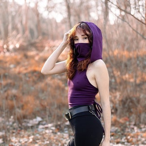 Purple Face mask hooded crop top. Ninja hooded top. Pixie dust mask hooded top. Rave clothing. Tie Backless hooded top. Festival clothing