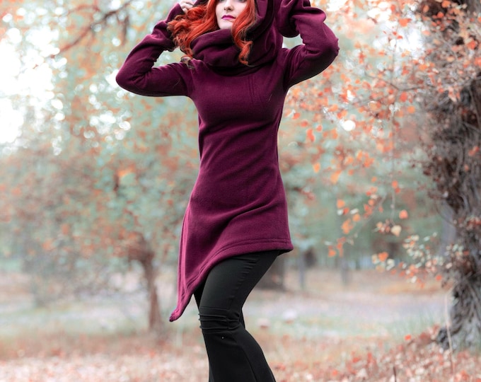 Hooded cotton fleece sweater. Elven winter sweatshirt hooded coat, Pixie hoodie, faery fleece winter jacket, Cowl neck medieval jacket