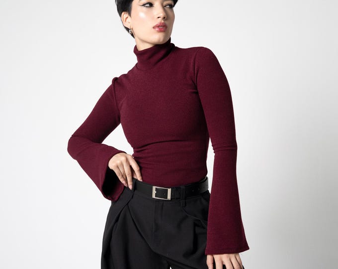 Wine Turtleneck knit cotton blend Sweater with long flare sleeve. Elegant Bordeaux Fitted cropped knit pullover. Fall-winter jumper