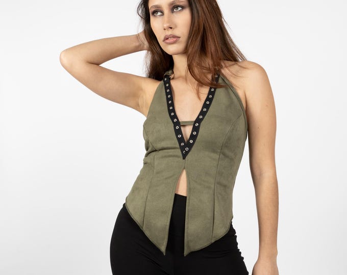 Festival Green suede western Top – Deep V Neck & Open Back | Bohemian Festival Clothing | Boho women top. Burning man clothes. Y2K