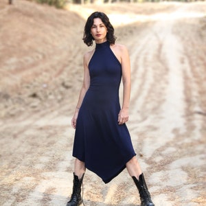 Dark blue halter dress, minimal dress, gothic dress, goth dress, festival clothing, elegant dress, backless dress, minimalist clothing, rave
