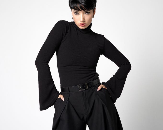 Black Turtleneck knit cotton blend Sweater with long flare sleeve. Elegant Fitted cropped knit pullover. Fall-winter jumper
