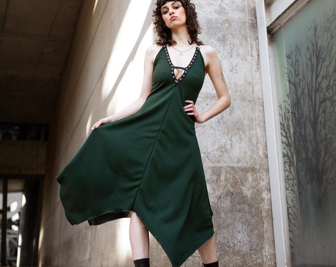 Green Fairy maxi v-neck halter backless dress. Dark boho witch dress. Gothic festival dress. Bohemian dress. Elven boho festival dress