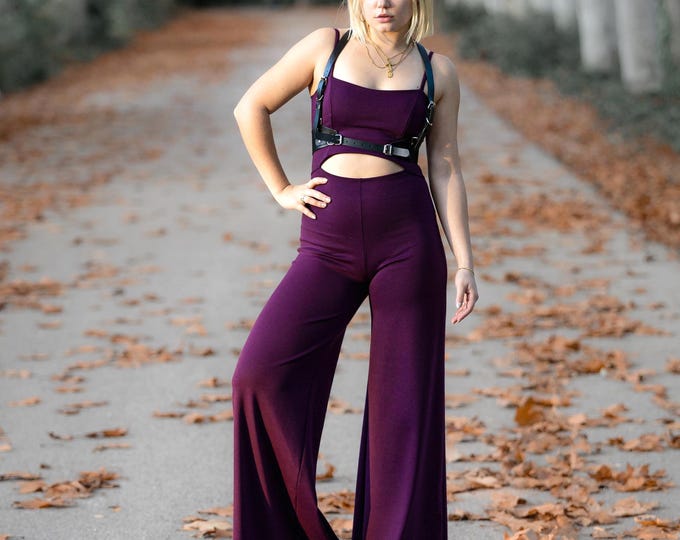 Plum Wide leg romper. festival floor jumpsuit. Gothic jumpsuit. Long overall. Bohemian jumpsuit. Rave clothes