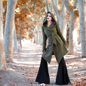 Winter Fleece hooded coat. Long wrap winter coat. Green fleece hooded cloak. Pixie coat. Fairy cloak. Winter fleece jacket. Gothic jacket.