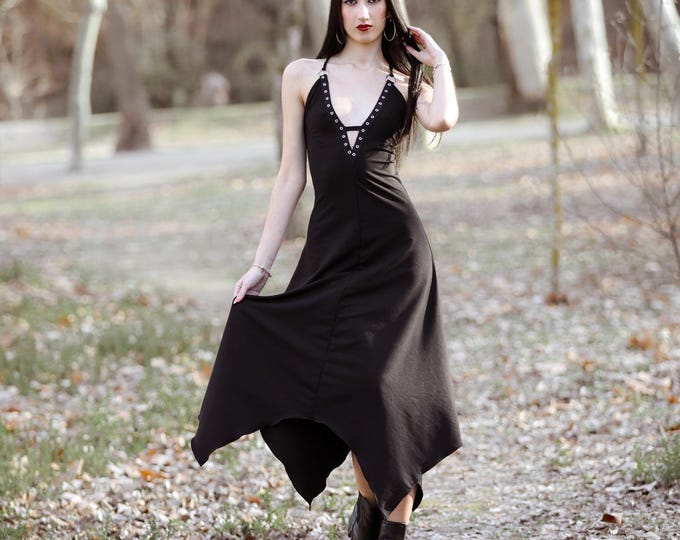 Black V-neck maxi asymmetric dress. Dark boho dress. Goth dress. Fairy goth festival dress. Bohemian dress. Elven goth festival clothing