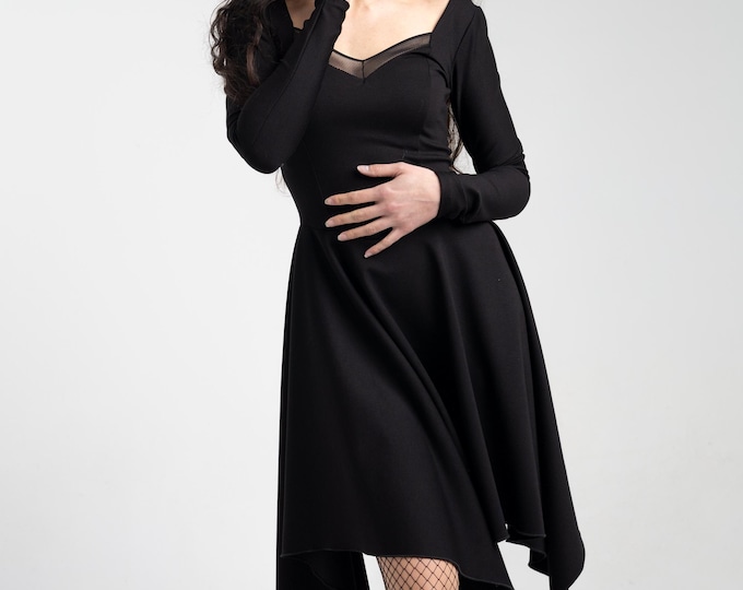 Long Sleeve Black long Dress / Coset autumn dress / Romantic boho black witchy dress