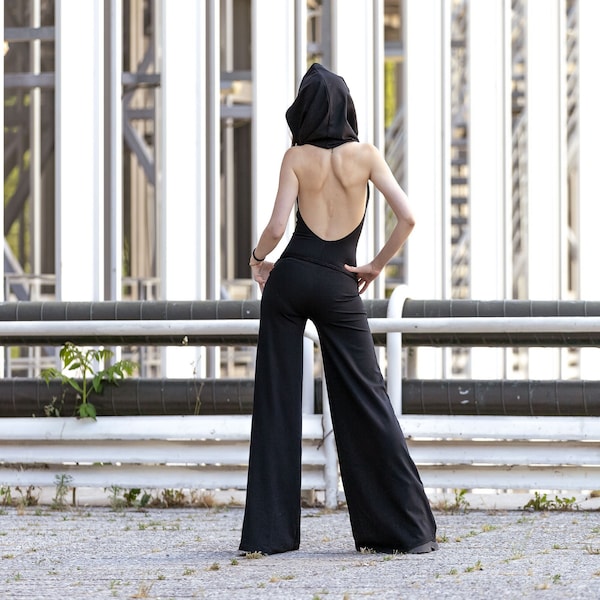 Open Back Black Jumpsuit, goth wide leg romper, yoga romper, hooded romper, cyberpunk jumpsuit, yoga romper, festival jumpsuit