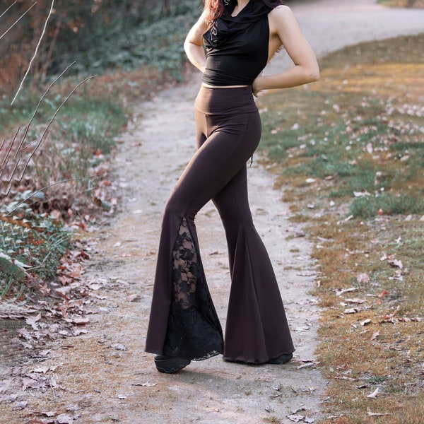Lace Bell Bottoms High Waist Flares. Festival Clothing. Brown goth flare pants. Pixie Stretchy Pants. Hippie Boho pants. High Rise flares
