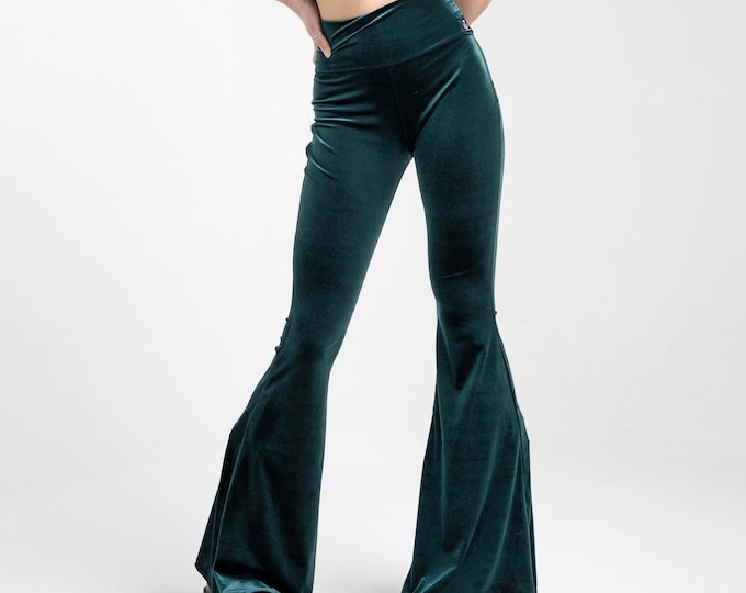 70s Velvet Bell teal Bottoms, High Waist Flares, Festival Clothing, hippie boho Velvet stretch Pants, Festival bottoms, High Rise pants