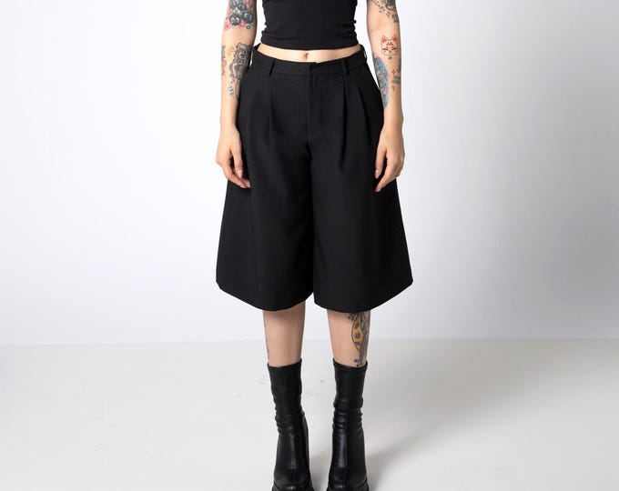 Cropped skirted trousers - Tailored Black Culotte Shorts – Wide Leg Pleated Jorts | Unisex Minimalist Bermuda Pants | High Waist Shorts