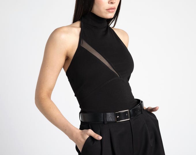 Black minimalist cocktail Halter top. Itala halter backless halter top. Wedding clothes.