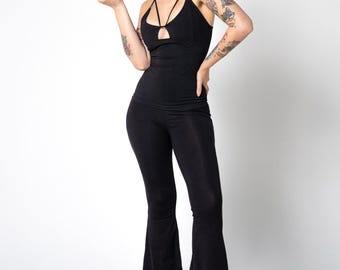 Pantalon évasé noir en coton biologique - taille haute